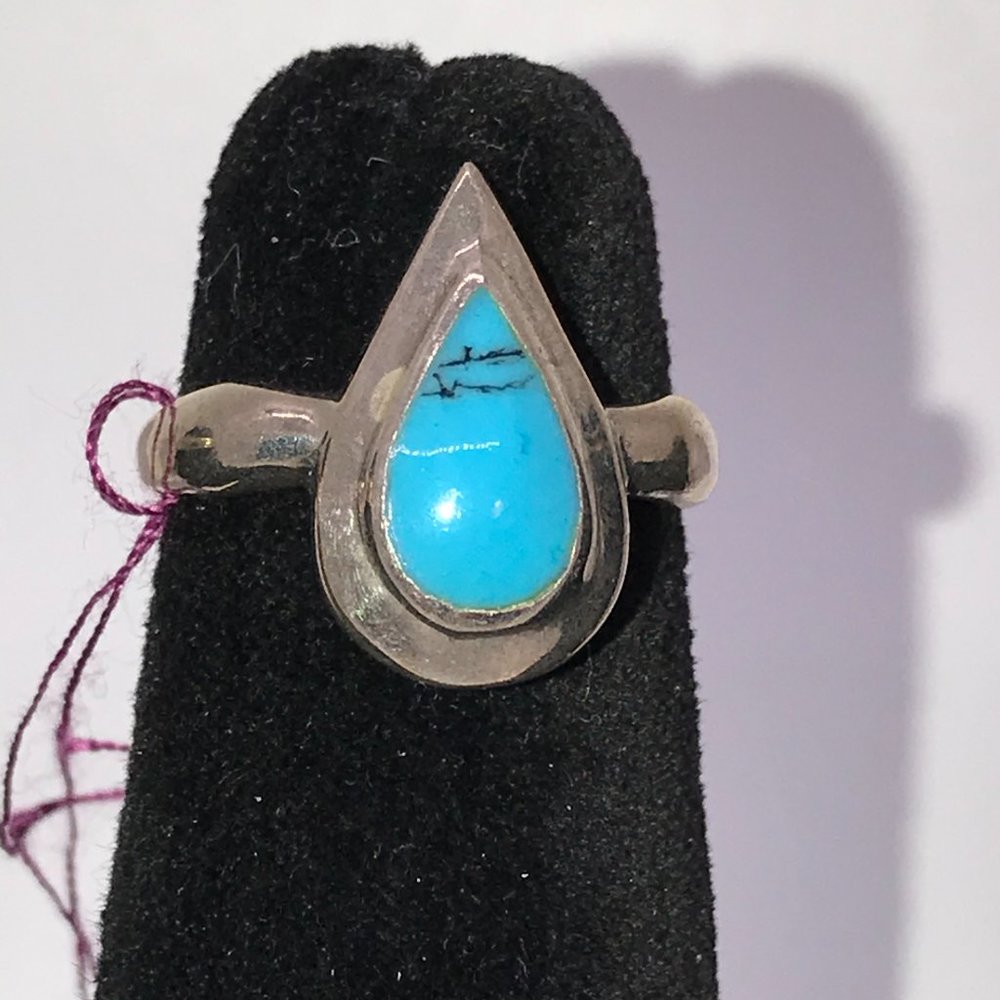 Turquoise Teardrop and Silver Ring, Size 6 1/2